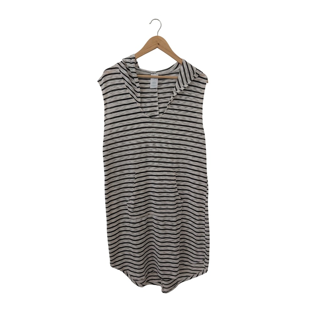 Kona Sol Womens Striped Sleeveless Hooded Swim Cover Up Dress Black‎ White Large